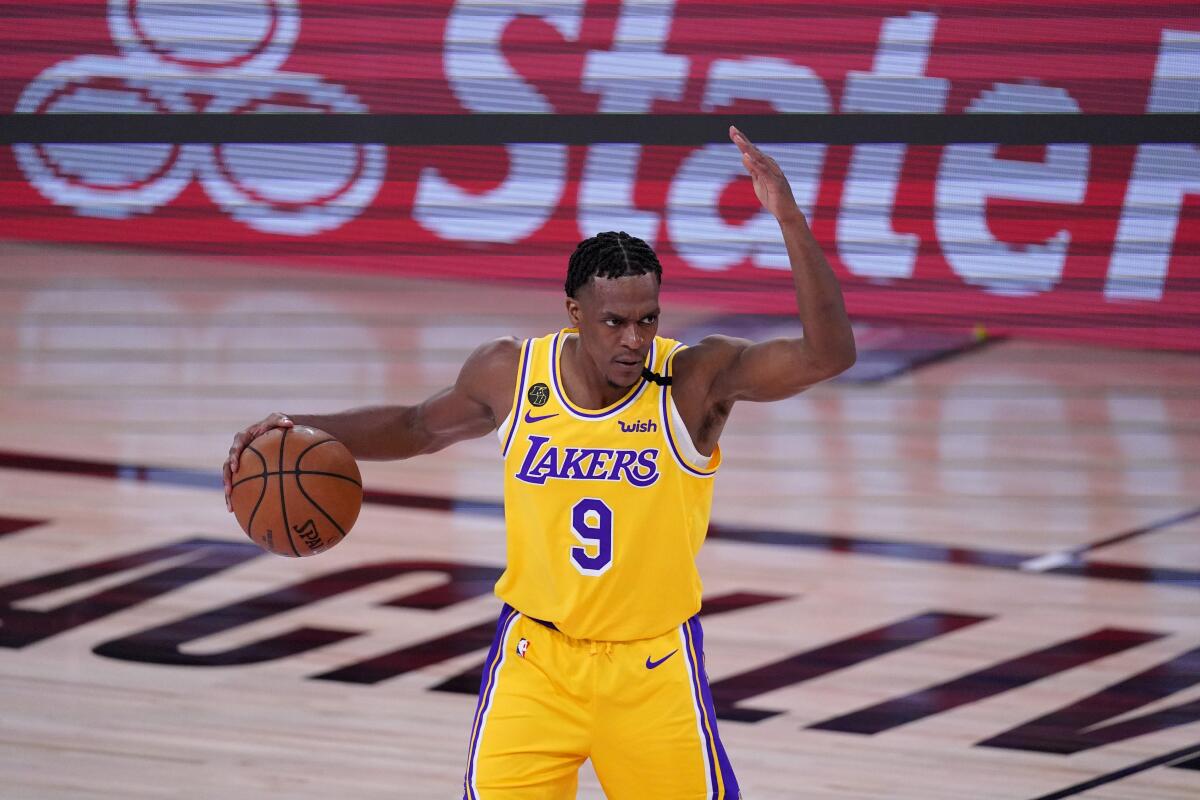 Lakers guard Rajon Rondo sets up the offense during Game 1 of the Western Conference finals on Sept. 18, 2020.