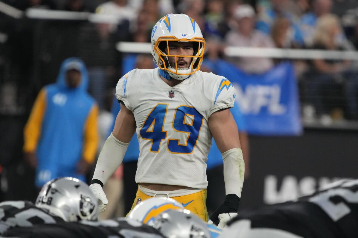 Chargers linebacker Drue Tranquill lines up during a loss to the Las Vegas Raiders on Dec. 4.