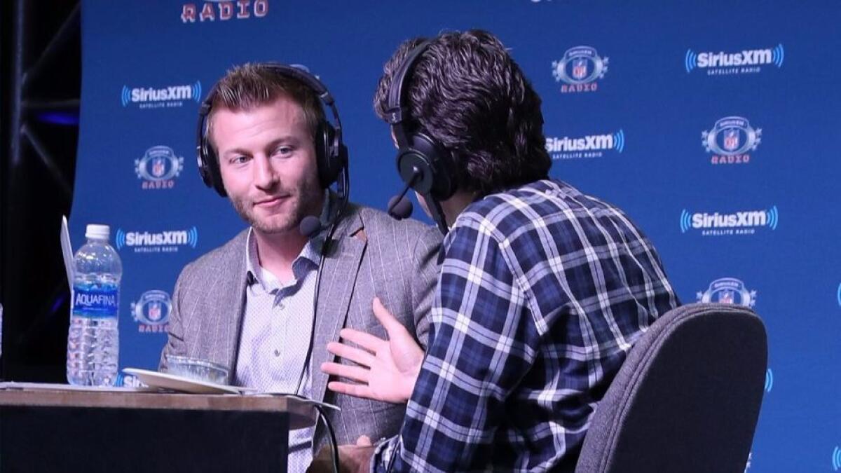 Rams Coach Sean McVay visits the SiriusXM set at Super Bowl LI radio row at the George R. Brown Convention Center on Feb. 2.