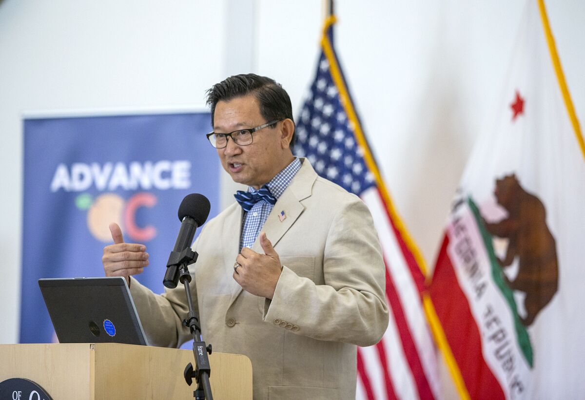 O.C. Supervisor Andrew Do speaks about the Orange County Equity Map at a press conference last month.