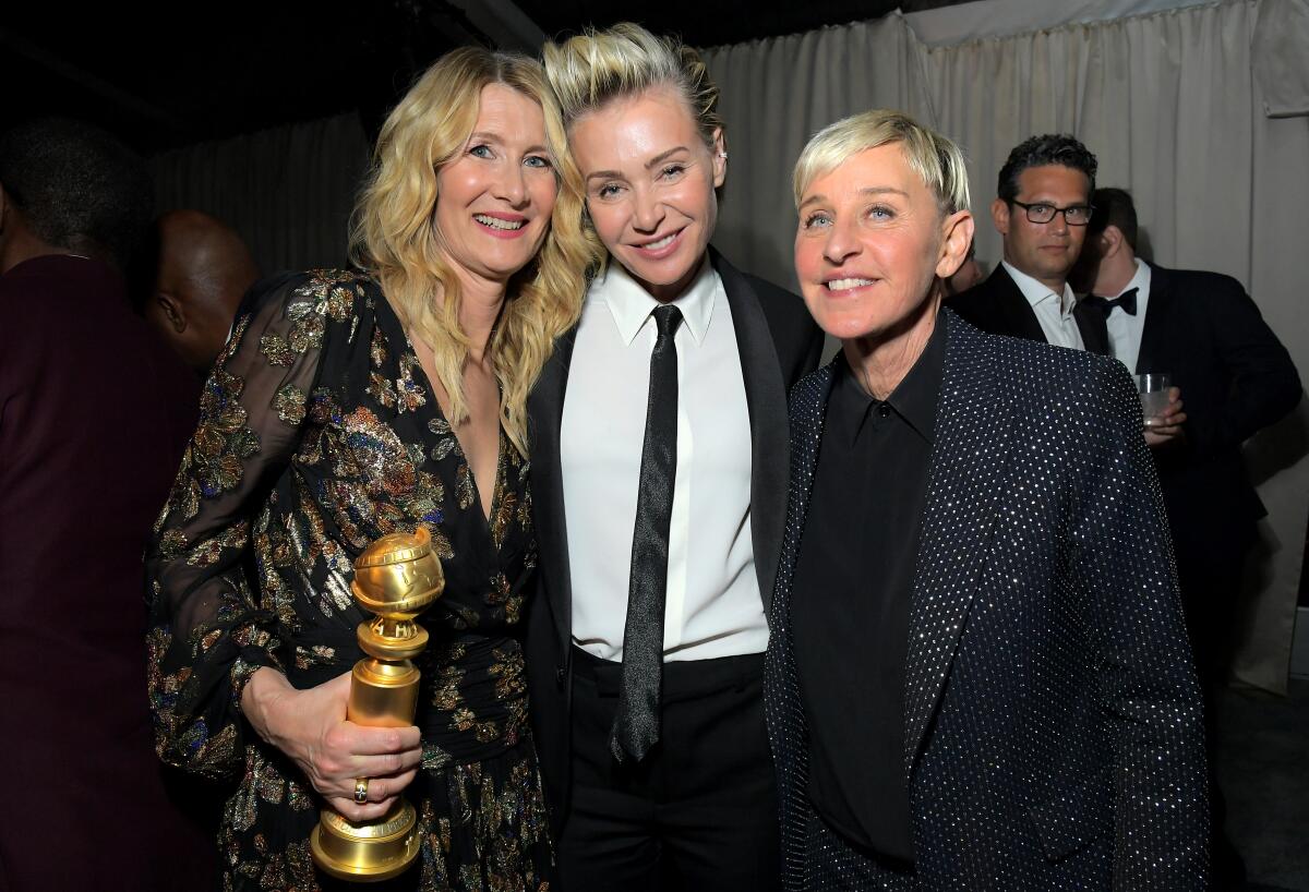 Laura Dern, Portia de Rossi and Ellen DeGeneres attend the Netflix party.