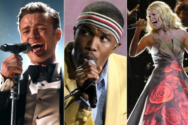 Justin Timberlake, Frank Ocean, Carrie Underwood and dozens more performed during the 55th Grammy Awards show at the Staples Center in Los Angeles on Feb. 10, 2013. The quirky New York City band Fun. took the best new artist award, and song of the year for "We Are Young." Other winners announced during the star-studded event included folk act Mumford & Sons, for album of the year ("Babel"), and Gotye for record of the year ("Somebody That I Used to Know"). Here are some highlights from the show.