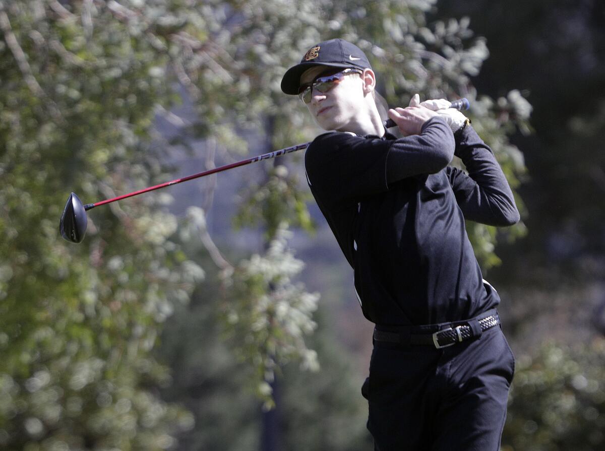 La Canada's Clyde Toland tees off on the seventeenth in the third annual Oakmont High School Golf Invitational at Oakmont Country Club in Glendale on Monday, March 2, 2020. Twenty-two high schools, some with more than one team, participated in the annual event