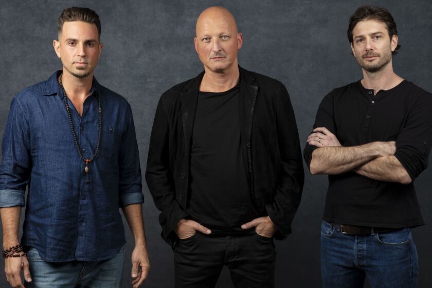 PARK CITY, UTAH -- JANUARY 24, 2019-- Subject Wade Robson, director Dan Reed, and subject James Safechuck, from the documentary "Leaving Neverland," photographed in the L.A. Times Photo and Video Studio at the 2019 Sundance Film Festival, in Park City, Utah, United States on Thursday, Jan. 24, 2019 (Jay L. Clendenin / Los Angeles Times)