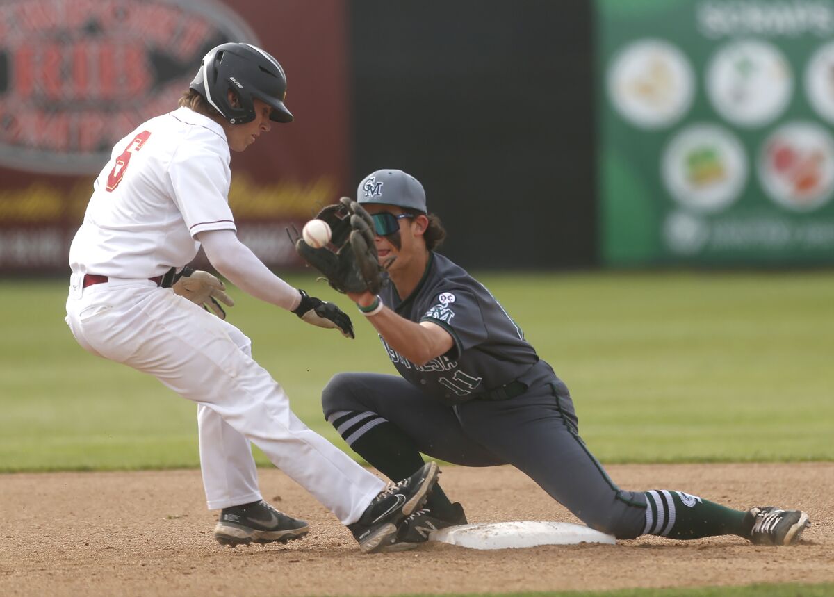 Costa Mesa's Wylan Rottschafer, right, nearly picks off Estancia's Cole Lefebvre at second during Friday's game.