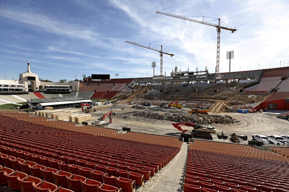Jan. 29, 2018: Renovation work continues at the Los Angeles Memorial Coliseum.