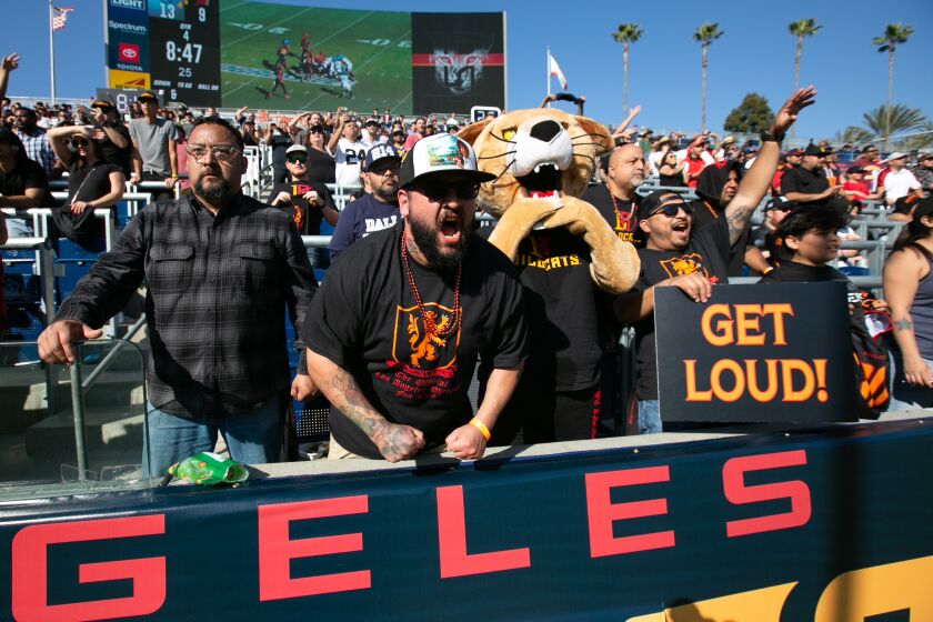 Carson, CA., February 16, 2020 — Fans get loud on Sunday, February 16, 2020 in Carson, California at Dignity Health Sports Park. The Dallas Renegades (1-1) emerged with a 25-18 road win over the Los Angeles Wildcats (0-2). (Jason Armond / Los Angeles Times)