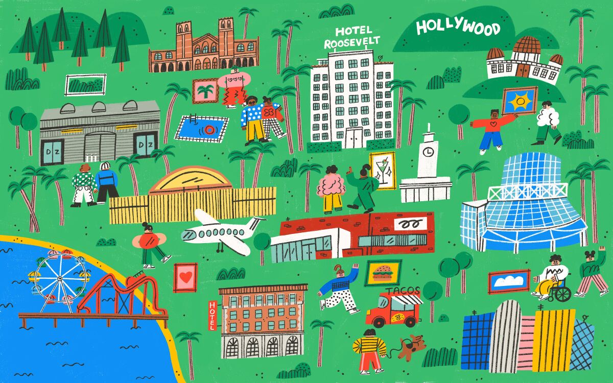 Illustration of various buildings across Los Angeles