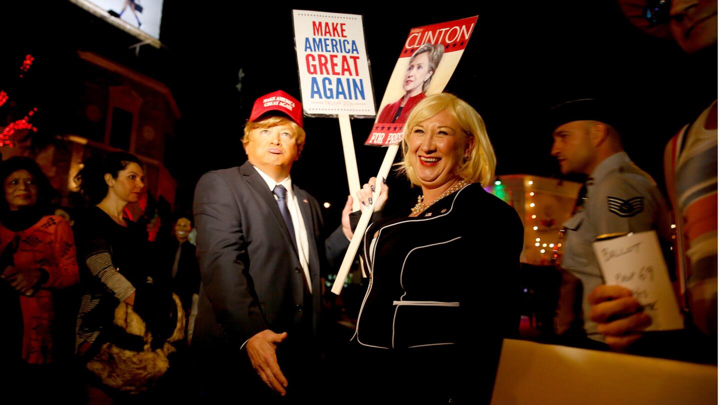 David Goldbach dresses up as Donald Trump, and Wanda Jackson is Hillary Rodham Clinton. Both are from El Segundo.