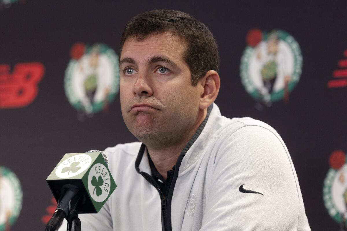 Boston Celtics president of basketball operations Brad Stevens speaks at a news conference in October.