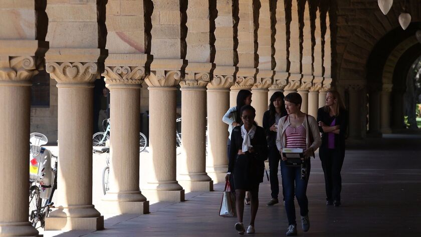 People walk through the Stanford University campus in 2014.