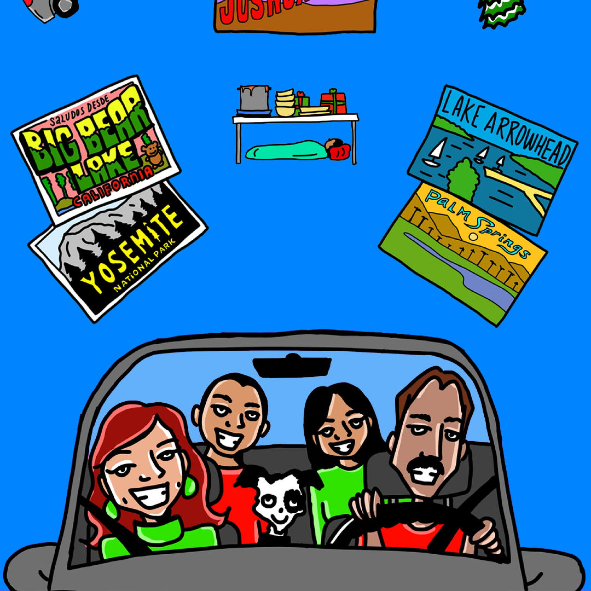 Illustration of a family in a car and postcards 