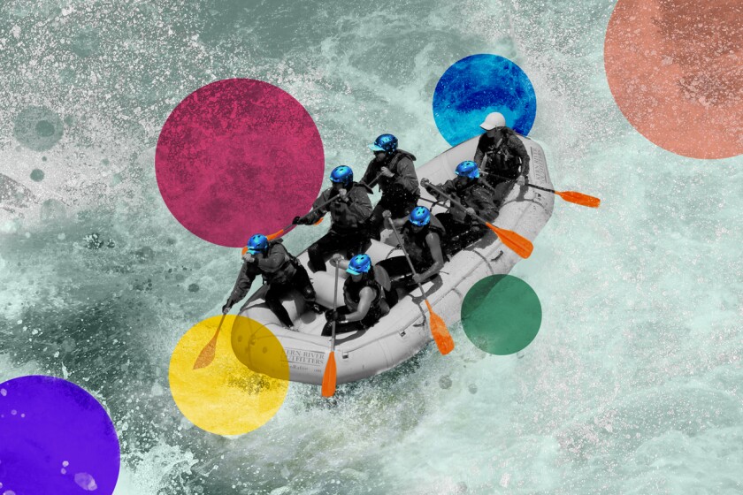 An illustration of a raft in rough waters surrounded by colorful circles