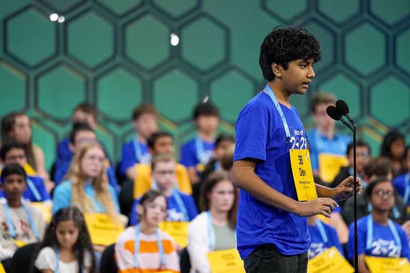 Dev Shah, 14, from Largo, Fla., competes during the Scripps National Spelling Bee, Wednesday, May 31, 2023, in Oxon Hill, Md. (AP Photo/Alex Brandon)