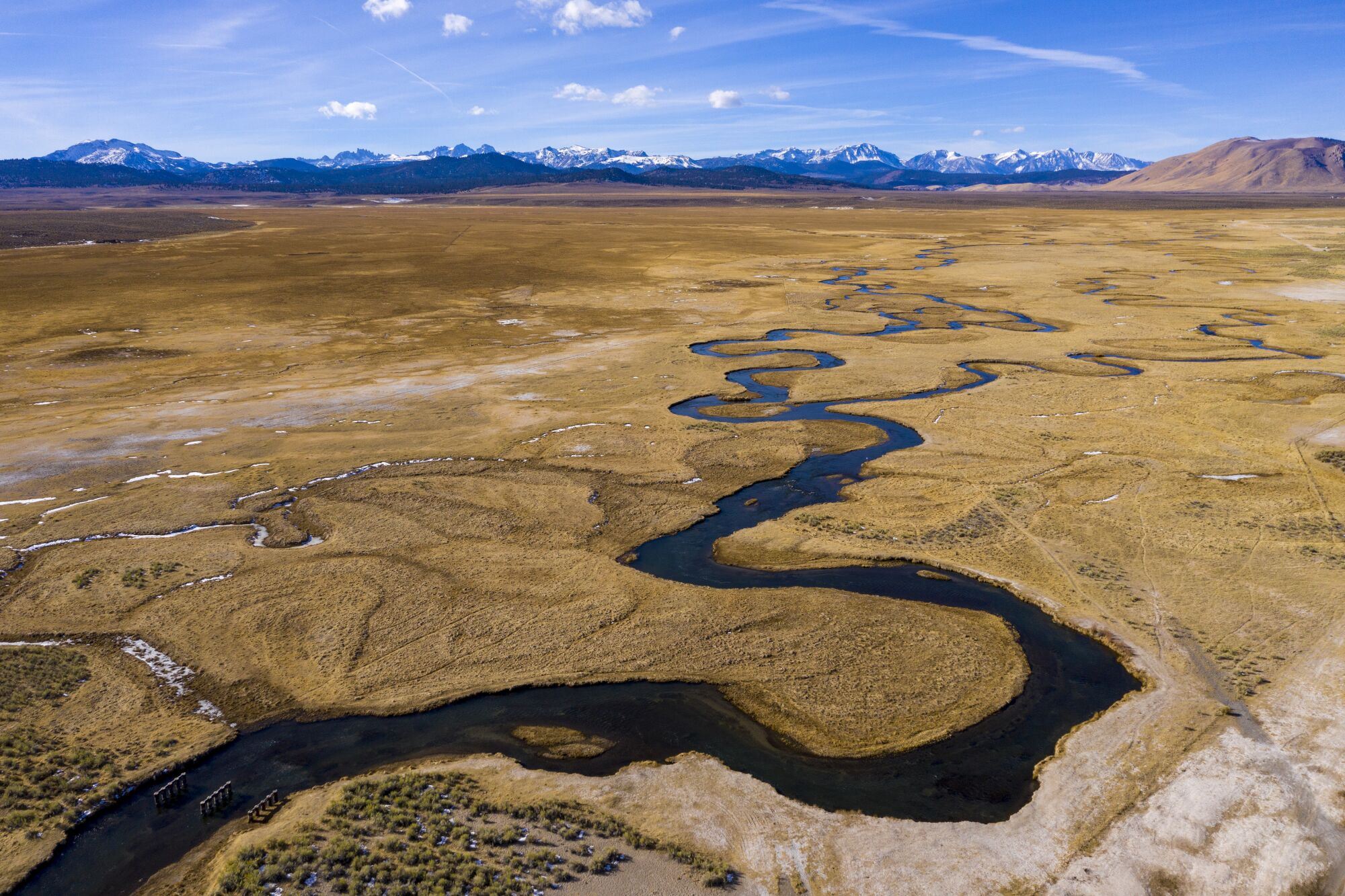 The Owens River flows through wetlands and pastures near Benton Crossing in January.