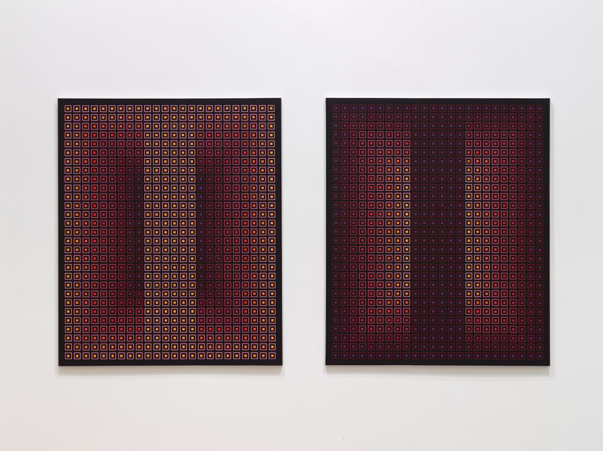 "Opposing Pair I & II" by Julian Stanczak, 1983. Acrylic on canvas, 60 inches by 60 inches each (diptych). 