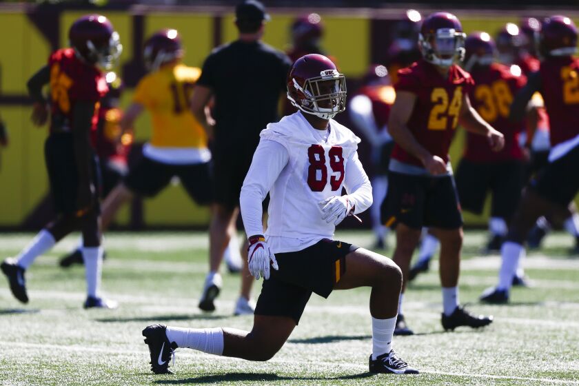 LOS ANGELES, CALIF. - AUGUST 03: USC Trojans defensive lineman Christian Rector (89) participates in drills as the USC Trojans open up the first day of Fall Camp at the USC Football Practice Field on Friday, Aug. 3, 2018 in Los Angeles, Calif. (Kent Nishimura / Los Angeles Times)