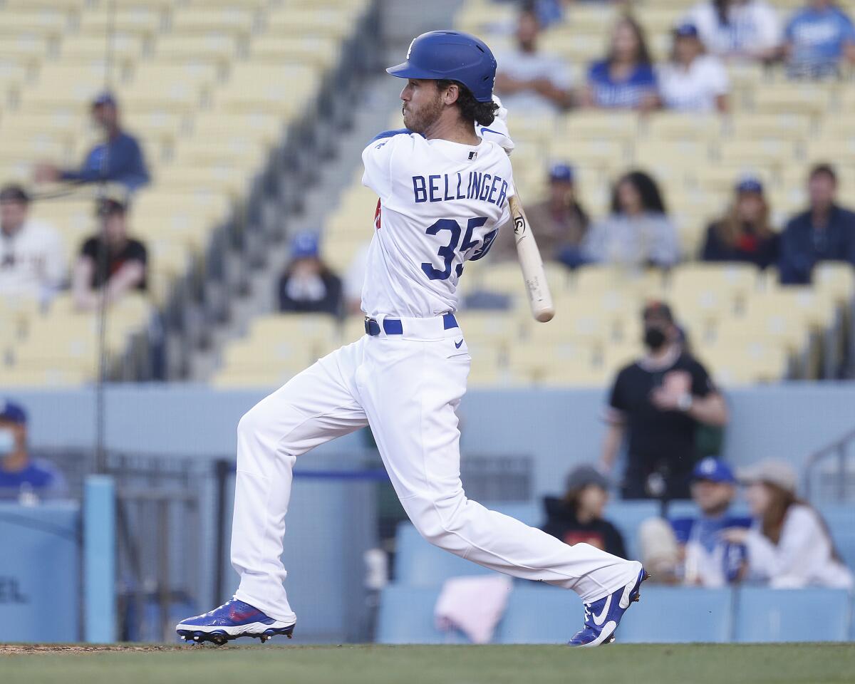 The Dodgers' Cody Bellinger grounds out during the eighth inning in his first game back May 29, 2021.