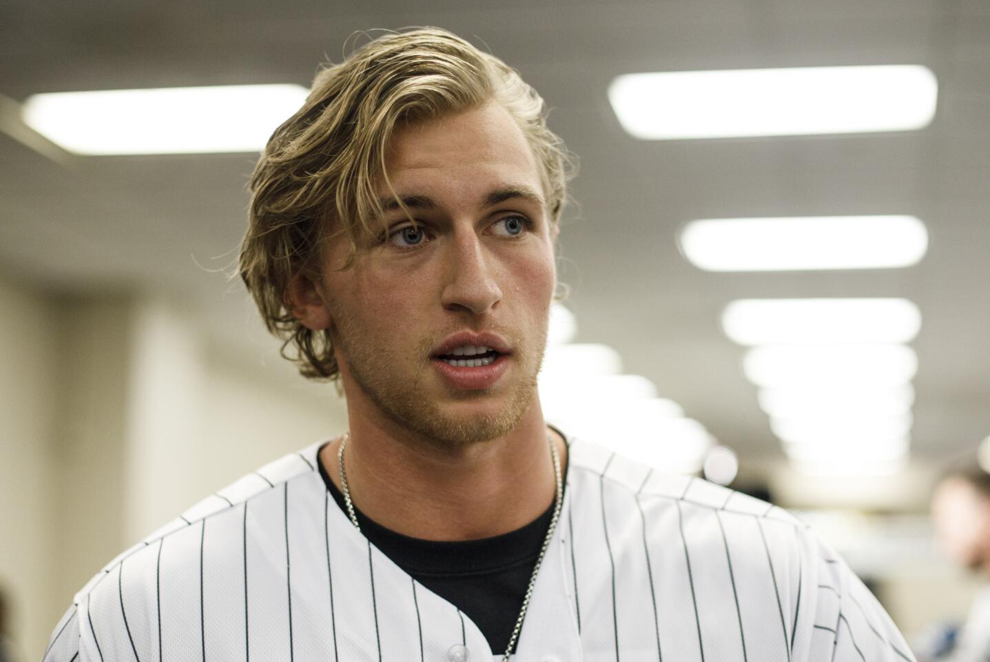 White Sox pitcher Michael Kopech speaks with members of the media during SoxFest 2018 at the Hilton Chicago on Friday, Jan. 26, 2018.