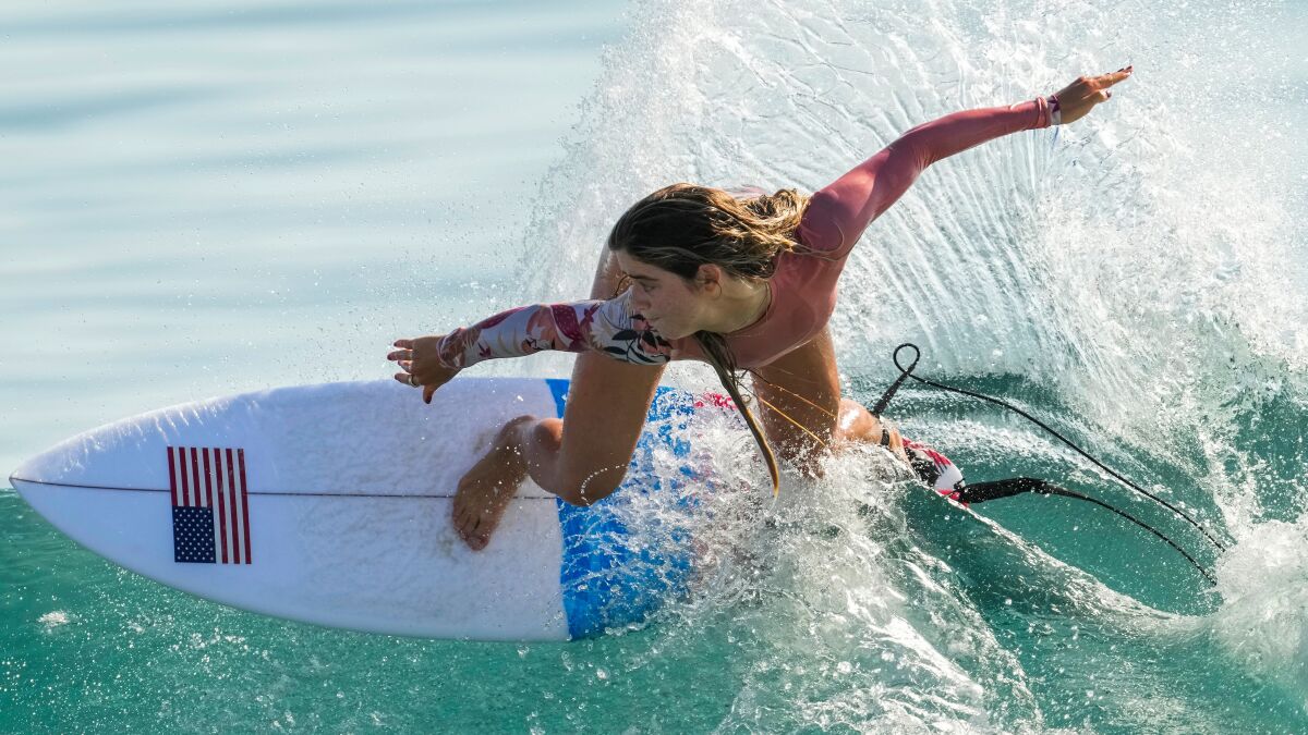 Caroline Marks of the United States rides a wave during a training session.
