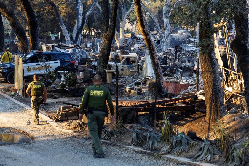 LAKE ELSINORE, CA - SEPTEMBER 11, 2024: Riverside County Sheriff deputies check the surrounding where many vintage and antique cars have been destroyed next to a destroyed home in the Airport fire off Ortega Highway on September 11, 2024 in Lake Elsinore, California. (Gina Ferazzi / Los Angeles Times)