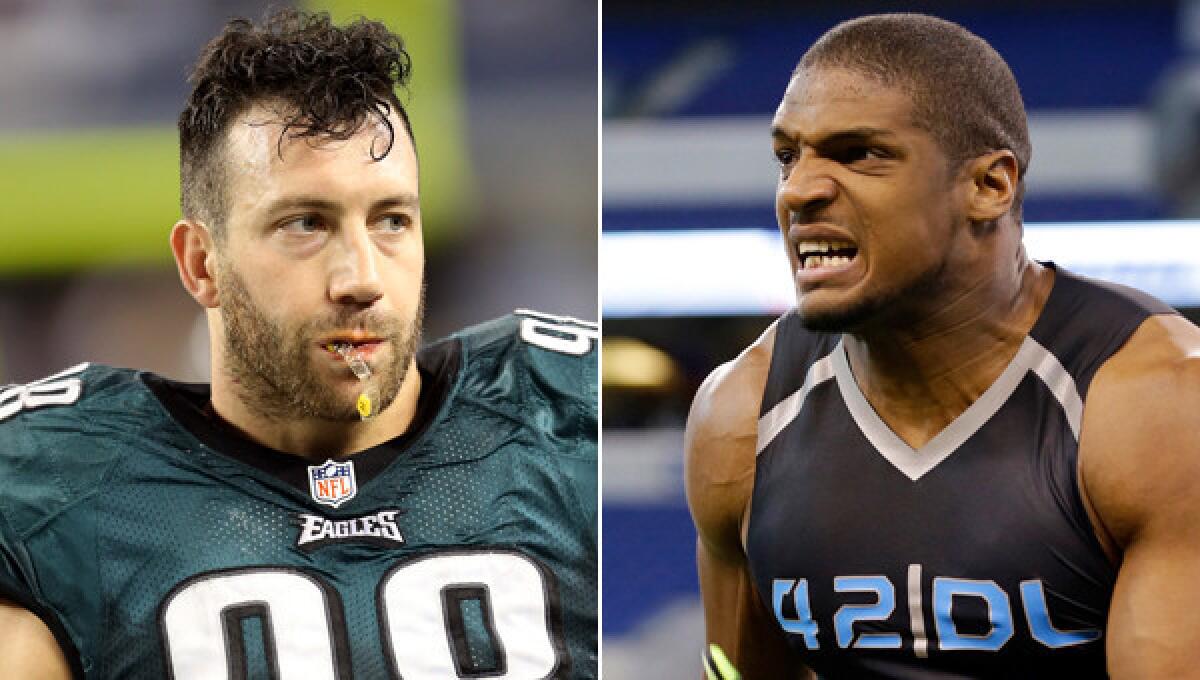 Philadelphia Eagles linebacker Connor Barwin, left, says NFL prospect Michael Sam has an opportunity to change stereotypes associated with homosexuality.
