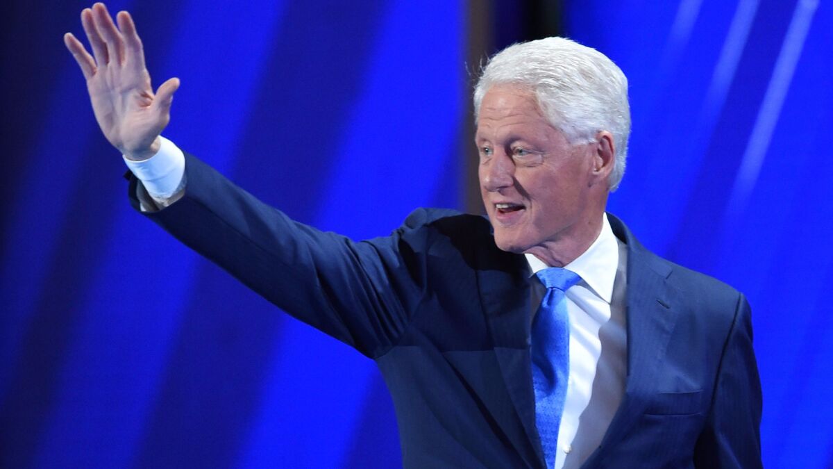 Former President Bill Clinton takes the stage at the Wells Fargo Center on Day 2 of the Democratic National Convention in Philadelphia.