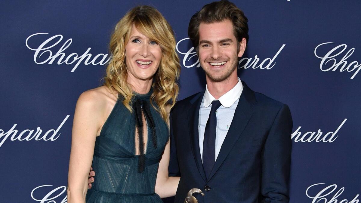 Laura Dern in J.Mendel with Andrew Garfield at the Palm Springs International Film Festival, January 2017. (Latour / Variety / REX / Shutterstock / WWD)