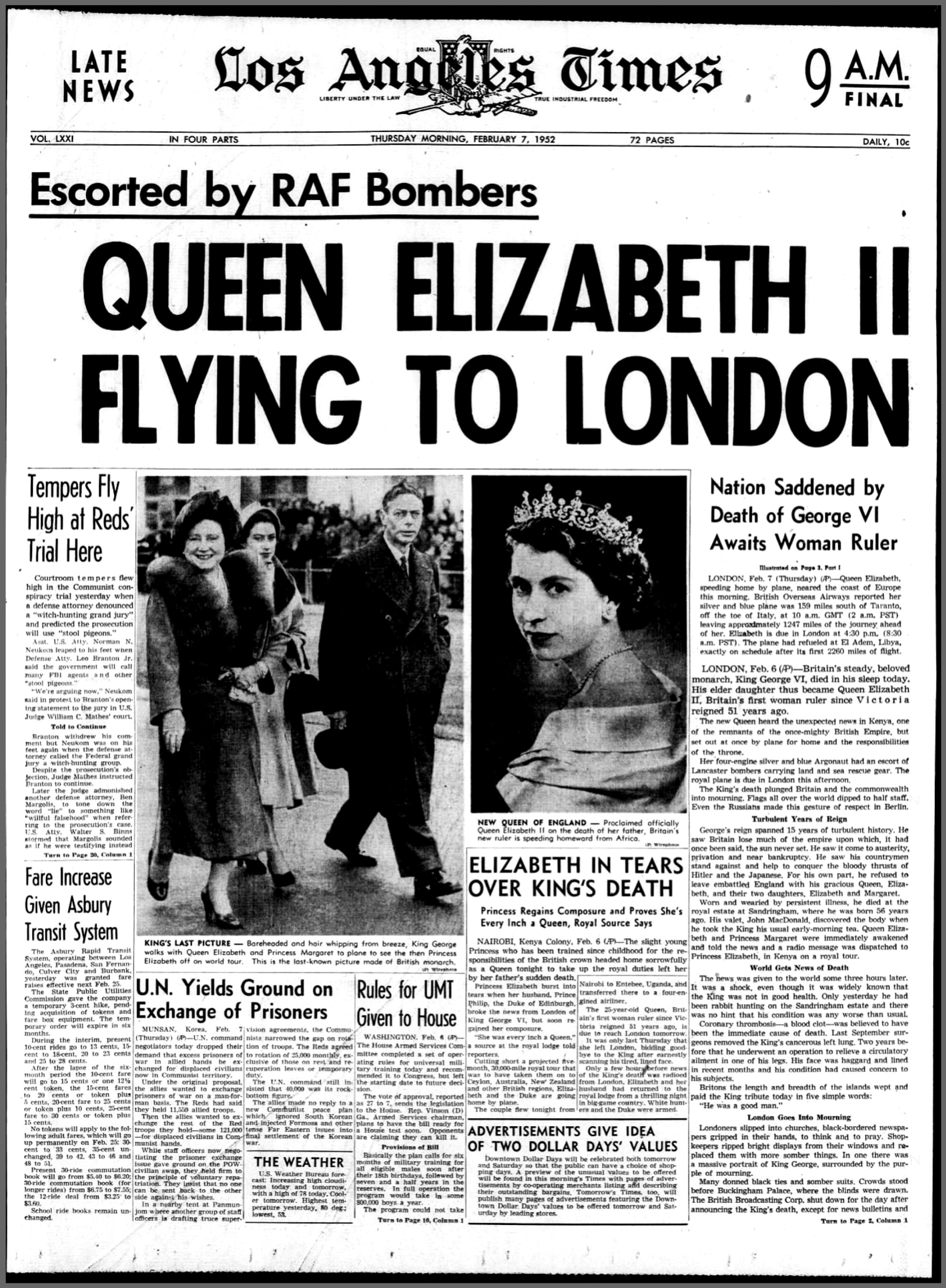 The headline on the front page of the Los Angeles Times reads, Queen Elizabeth II Flying to London 
