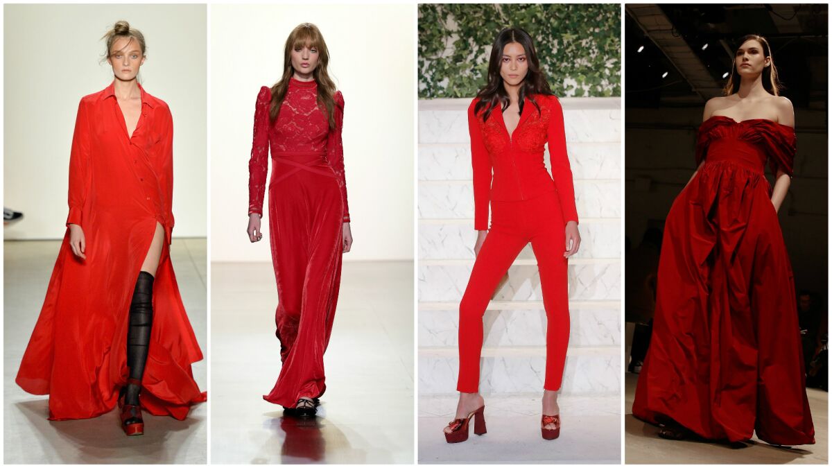 Looks in statement-making shades of all-red, from left, from Adam Selman, Tadashi Shoji, La Perla and Brock Collection.
