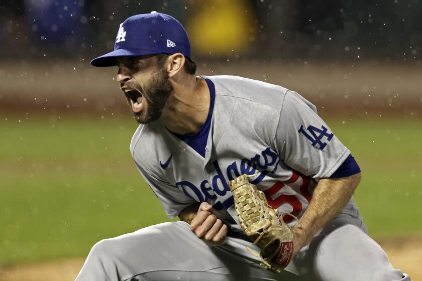 Los Angeles Dodgers pitcher Jake Reed reacts after the final out of the team's baseball game against the New York Mets on Tuesday, Aug. 30, 2022, in New York. The Dodgers won 4-3. (AP Photo/Adam Hunger)