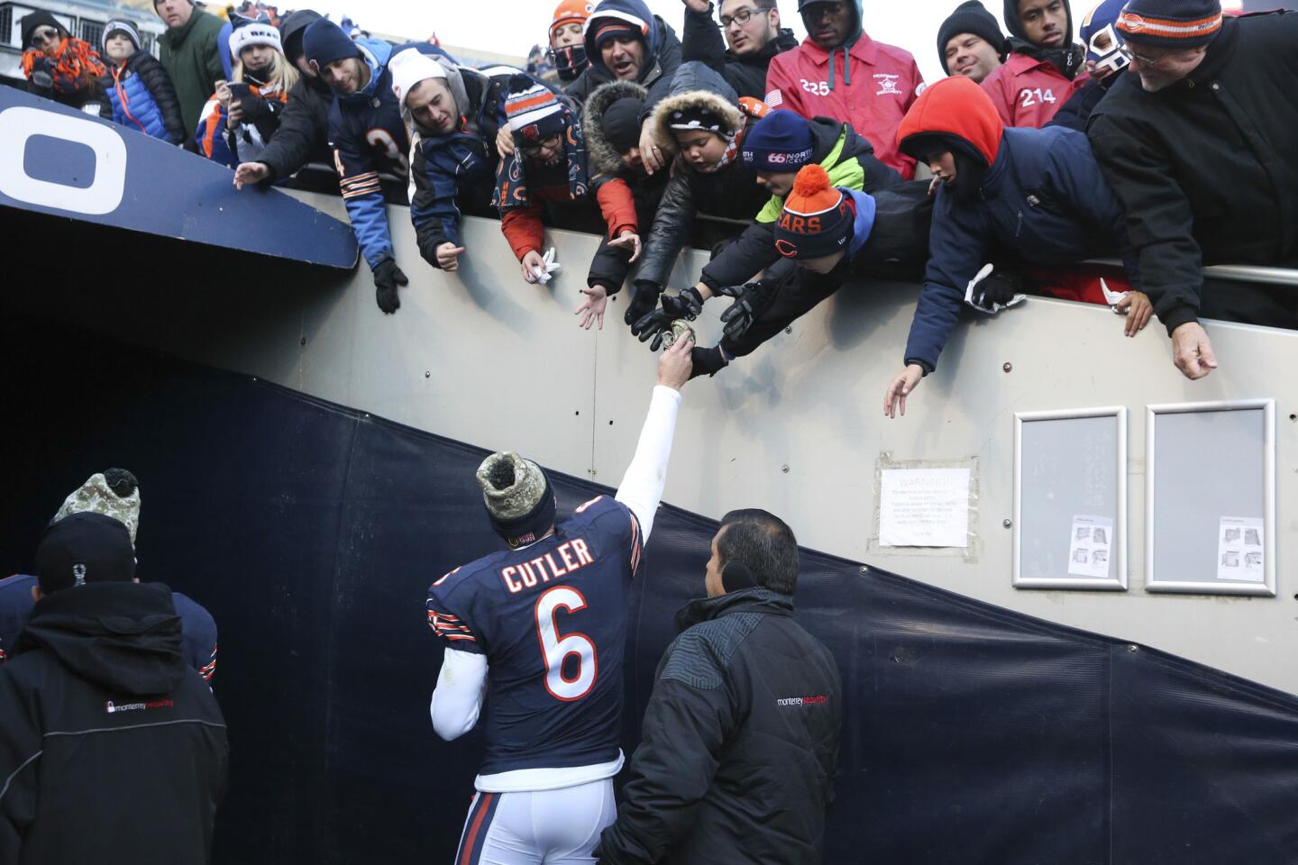 Chicago Bears quarterback Jay Cutler walks off the field after his team's loss to the Denver Broncos, at Soldier, Field, in Chicago, on Sunday, Nov. 22, 2015.