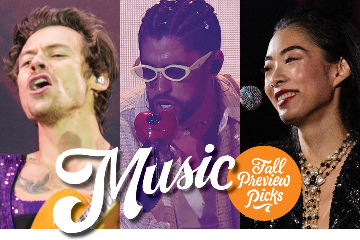 A photo triptych featuring Harry Styles, Bad Bunny and Rina Sawayama with the words "Music: Fall Preview Picks"