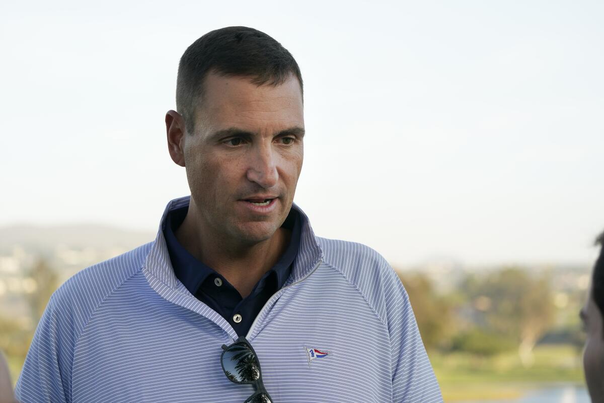 Texas Rangers General Manager Chris Young presents newly signed