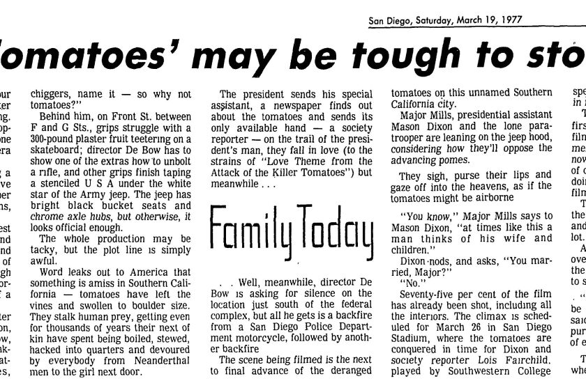 'Killer Tomatoes' may be tough to stomach," from the Evening Tribune, March 19, 1977, p. A-11.