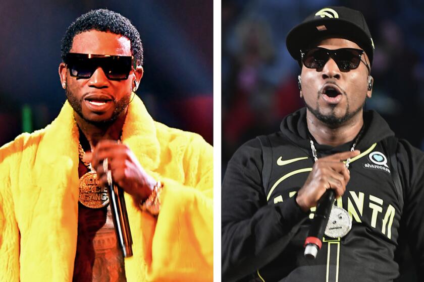 (L-R)Composite: Gucci Mane performs onstage during the BET Hip Hop Awards 2018 at Fillmore Miami Beach. Recording Artist Jeezy performs at halftime at the Detroit Pistons vs Atlanta Hawks game at Phillips Arena on December 14, 2017 in Atlanta, Georgia.