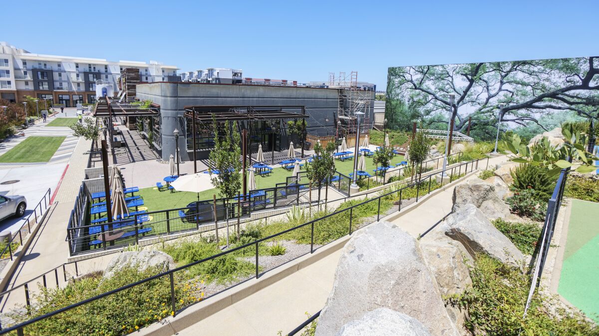 Overview of Draft Republic restaurant, with Block C apartments behind it in the North City development in San Marcos.