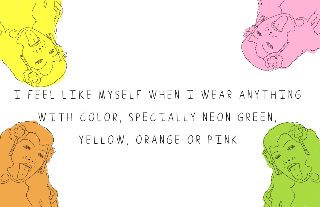 Illustration of Gabriella in orange, pink, naif and yellow.
