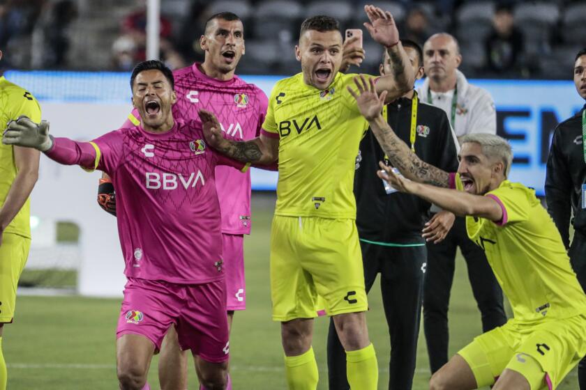 Los Angeles, CA, Tuesday, August 24, 2021 - Liga MX players cebrate after beating MLS in the MLS All-Star Skills Challenge at Banc of California Park. (Robert Gauthier/Los Angeles Times)