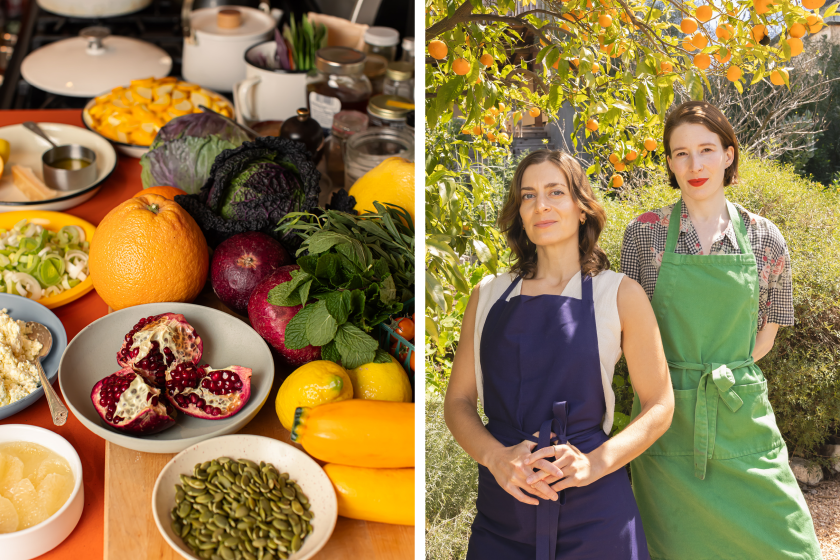 Sara Kramer and Sarah Hymanson, right, and a table of fruits and vegetables, left.