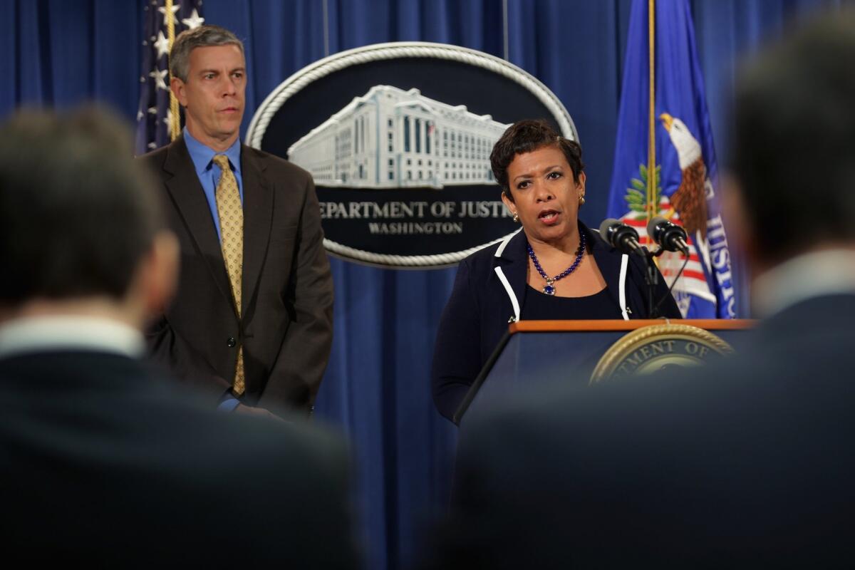 U.S. Atty. Gen. Loretta Lynch and Education Secretary Arne Duncan announce a civil settlement involving Education Management Corp., the nation's second-largest for-profit college chain.