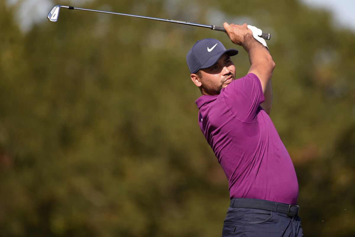 Jason Day hits his tee shot on the 17th hole during the third round of the Houston Open on Nov. 7, 2020.