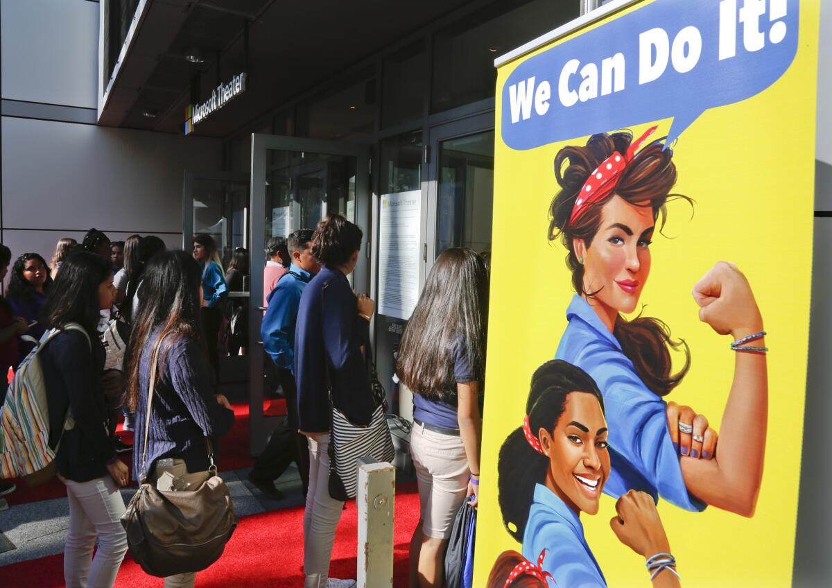 Girls from schools around Los Angeles arrive for the West Coast premiere screening of "He Named Me Malala" at the Microsoft Theater on Tuesday at L.A. Live.