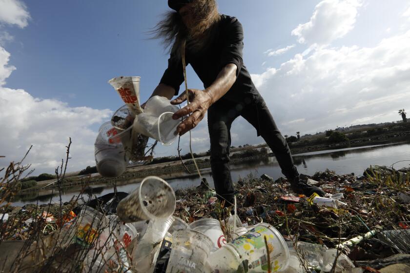 MARINA DEL REY, CA - NOVEMBER 21, 2019 - Josey Peters, 54, collects trash and debris after a rainstorm along Ballona Creek in Marina Del Rey. Peters has been doing this since 2007. “It’s kind of like triage. You do your best and that’s all you can do,” Peters said while collecting debris after a rain storm. (Genaro Molina / Los Angeles Times)