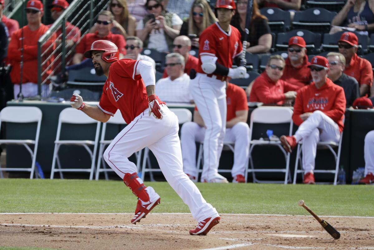 Angels third baseman Anthony Rendon singles during a game against the Padres on Feb. 27