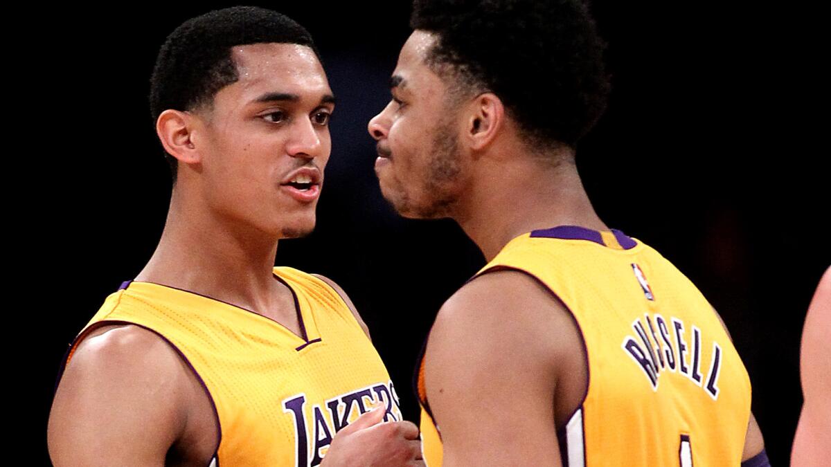 The Lakers will be counting on the young backcourt combo of Jordan Clarkson, left, and D'Angelo Russell next season as the revamping of the team continues.