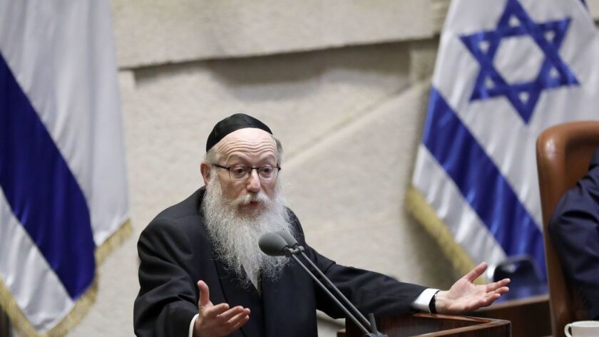 Deputy Health Minister Yaakov Litzman speaks during a debate on the dissolution of the Knesset, Israel's parliament, in Jerusalem on May 29, 2019.