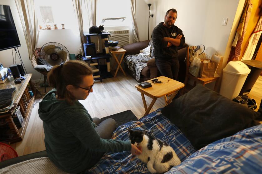 Mar Vista, Los Angeles, California-Nov. 30, 2021-Newlyweds Cara Ferraro, left, and Jack Shain, right, share a one-bedroom apartment in Mar Vista with their two cats, Zelda and Bucky, on the couch. Cara works from home in media production, while Jack Shain works with patients at a drug and alcohol center he opened last year with a partner during the pandemic. They have been through ups and downs in their first year of marriage due to the stresses of working at home and dealing with COVID scares, but things seem to have stabilized now. (Carolyn Cole / Los Angeles Times)