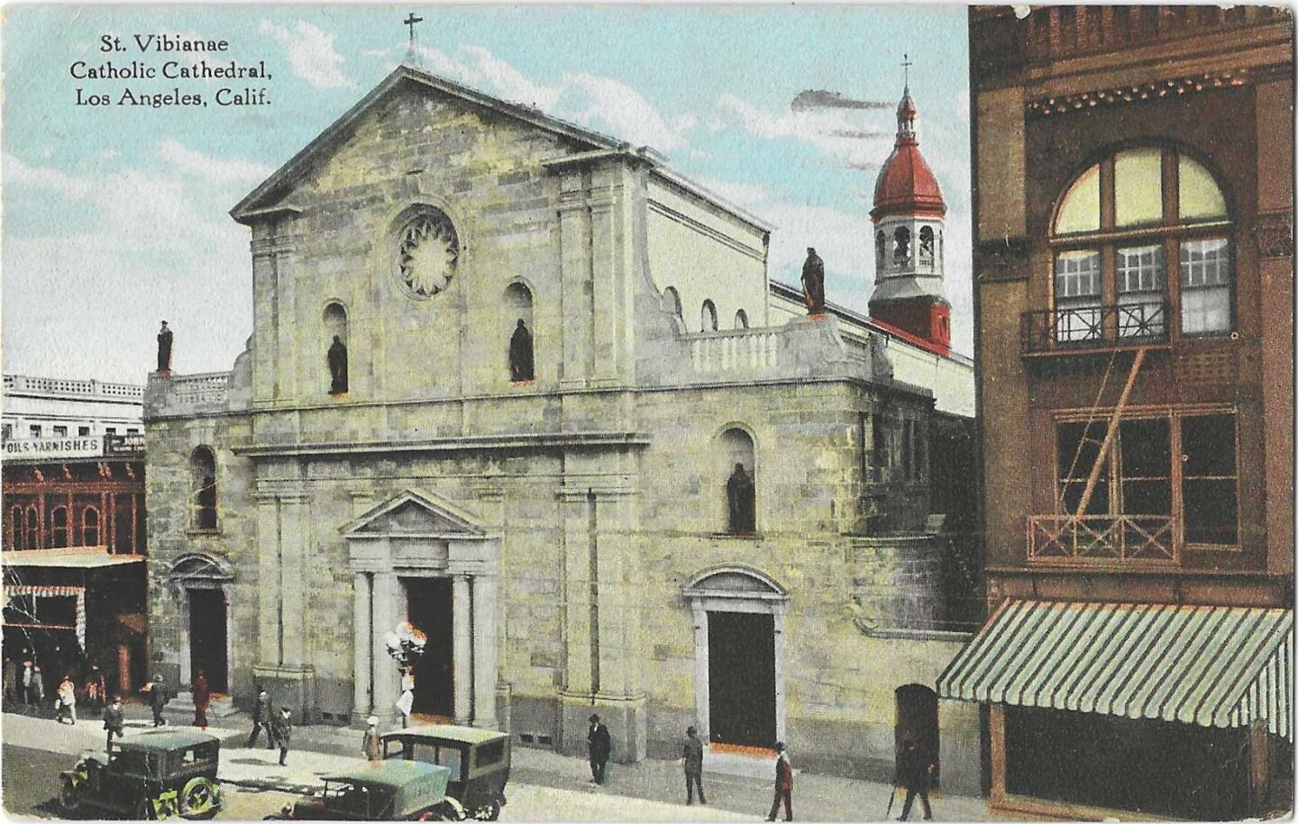 Built in 1876, the centennial anniversary of the United States, St. Vibiana’s was the cathedral for this Roman Catholic outpost, a town of fewer than 10,000 people. For decades, the relics of Vibiana, whose tomb was found in Roman catacombs with inscriptions suggesting she died a martyr and a virgin, were on display above the altar. The church is seen here on a postcard with a 1924 postmark.