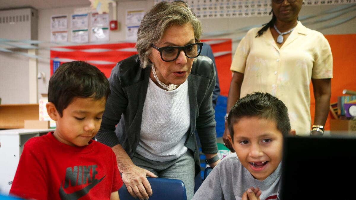 Senator Barbara Boxer at an August visit to Pacoima's Montague Charter Academy, where 28% of students met English standards and 24% met math standards.